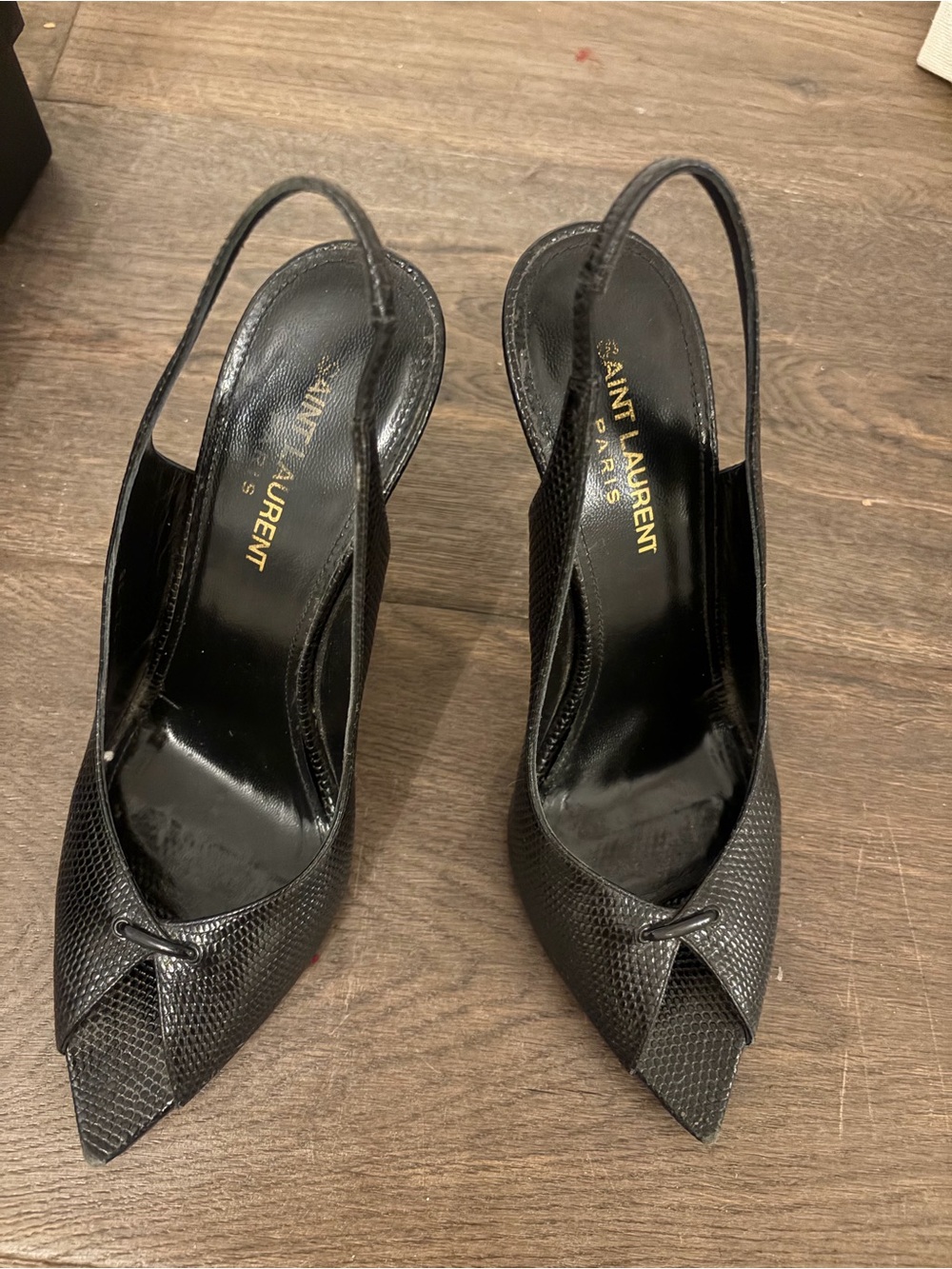 Saint Laurent Black Textured Leather Slingback Pumps